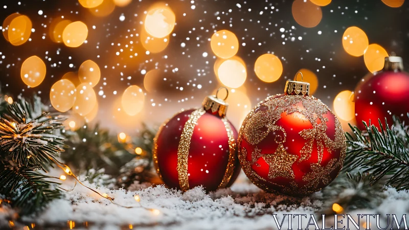 Crimson Christmas baubles glow in snowfall and golden bokeh.