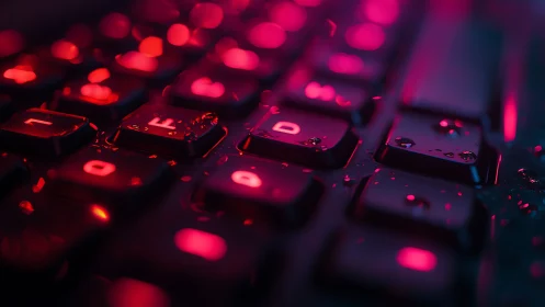 Glowing gaming keyboard shimmers with neon droplets at night