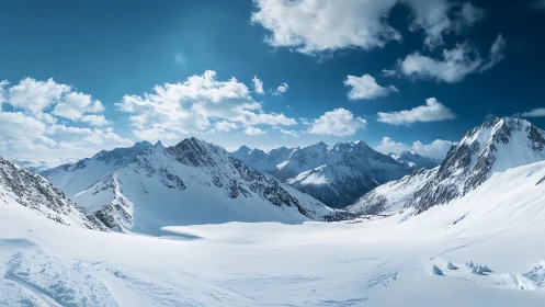 High-altitude snow basin framed by jagged alpine ridges under polarised sky