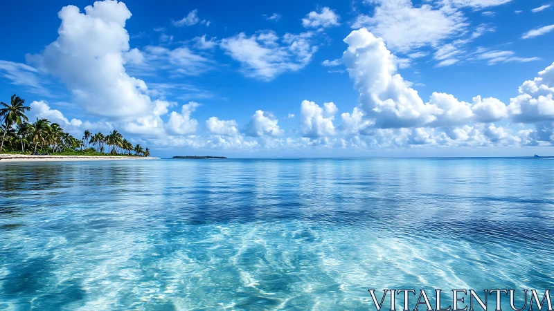 Tropical lagoon shoreline under bright blue sky panorama.