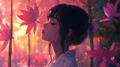 Auroral bokeh portrait of meditative girl amid lotus stalks.