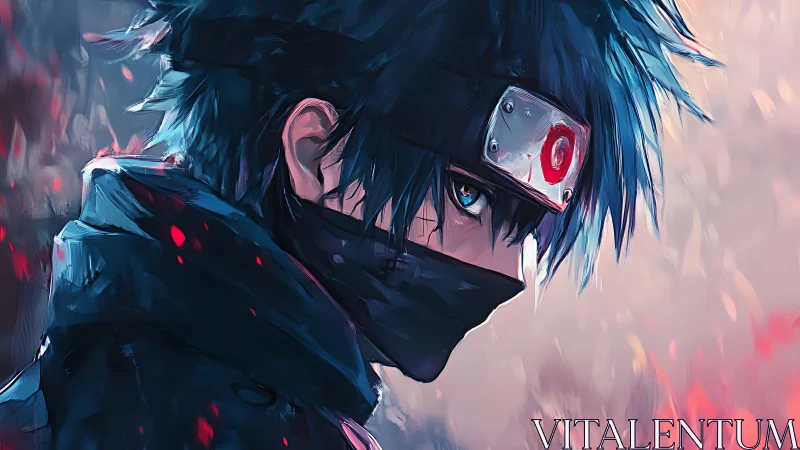 Brooding masked ninja gazes back through drifting embers softly