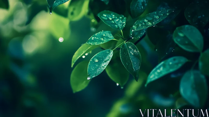 Glistening green leaves soaking up gentle after-rain light.