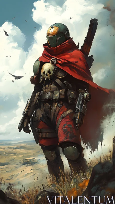 Armored wasteland hunter with red cloak and skull emblem.