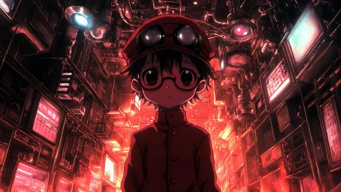 Child engineer walks neon industrial corridor, red glow.