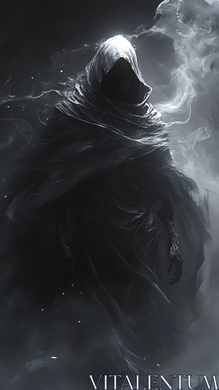 Hooded wraith emerges from swirling smoke in eerie gloom