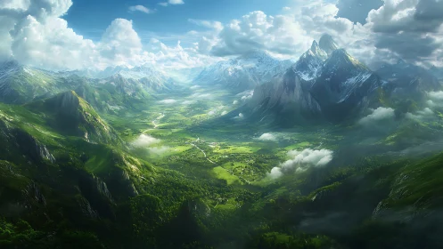 Emerald valley unfolding beneath snow crowned titan peaks.