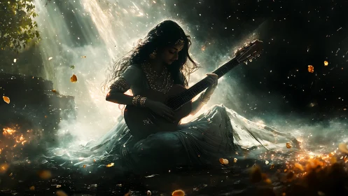 Moonlit guitarist braids stardust into a forest lullaby