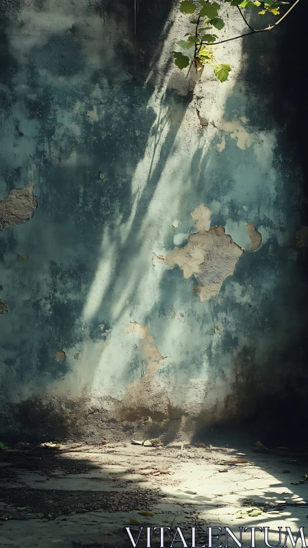 Sunlit ivy casting long shadows on weathered blue wall.