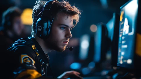 Esports competitor in focused mid-game session, RGB-lit setup