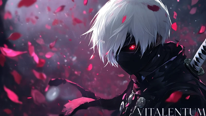 Masked crimson-eyed swordsman amid storm of falling petals.