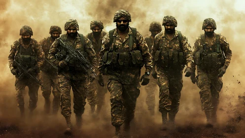 Duststorm soldiers stride through battle-tinted horizon.