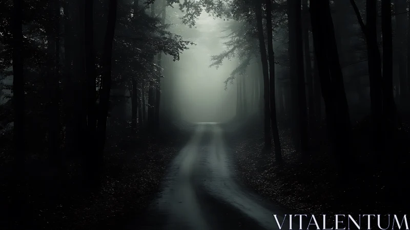 Moody forest roadway in low key cinematic composition.