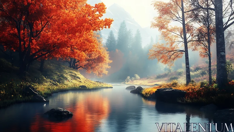 Autumn river valley in misty mountains at sunrise glow.