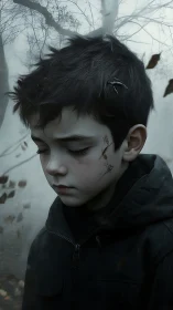Quiet autumn moment holds a pensive boy in a misty forest