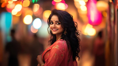Portrait of woman in festive street setting at night.