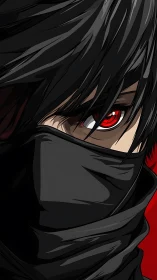 Masked anime assassin with intense red eye close-up.