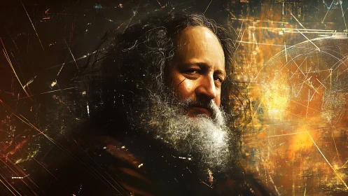 Elder visionary amid swirling golden abstract cosmos.