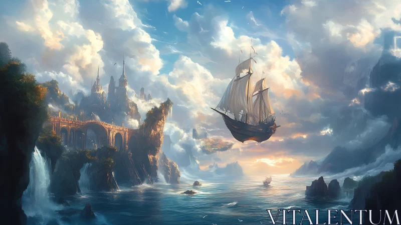 Flying galleon over luminous fantasy sea kingdom.