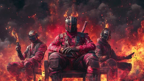 Three armored figures sit amid flames in digital composition
