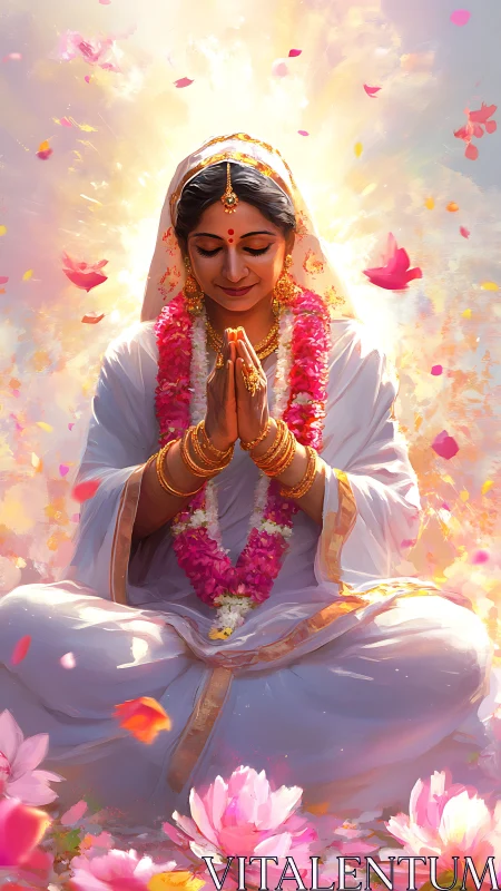 Praying woman blooms in lotus light and floating petals
