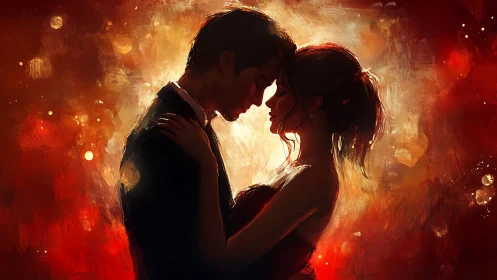 Silhouetted Couple in Luminous Amber and Crimson Radiance.