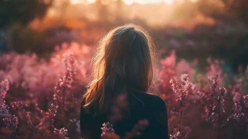 Back view of woman in pink wildflowers at sunset.