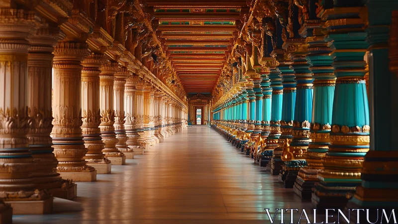 Endless temple colonnade drenched in turquoise and gold light.