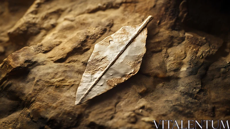 Metallic leaf sculpture resting on textured rock surface.