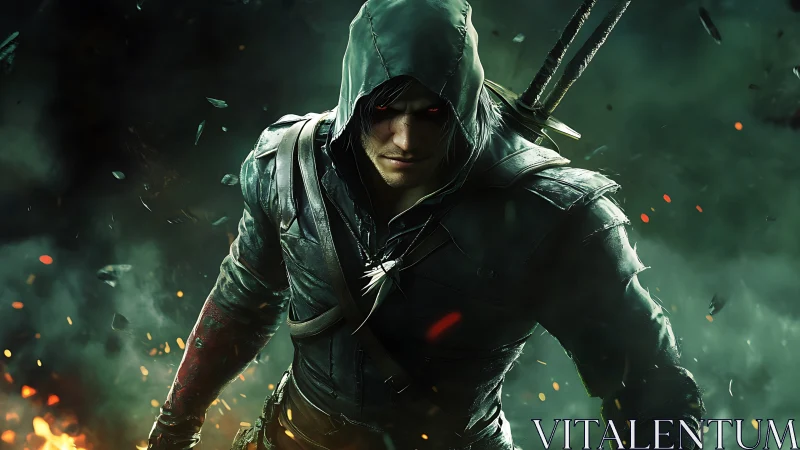 Hooded fantasy warrior walks through smoke and embers.