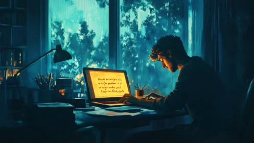 Solitary writer studies by laptop glow in teal dusk interior.
