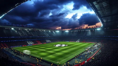 Stormlit arena waits for kickoff under brooding twilight sky.