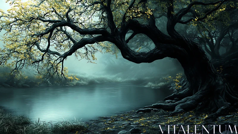 Ancient forest tree leans protectively over a misty pond