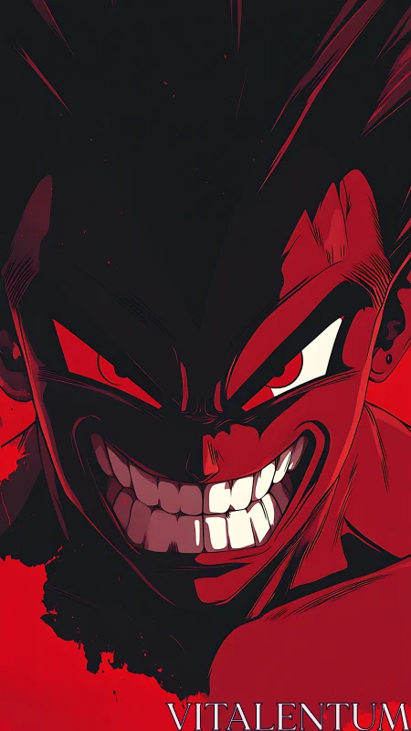 Demonic anime warrior grins through intense red shadows.