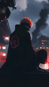 Brooding anime figure rests over a neon lit, smoky city