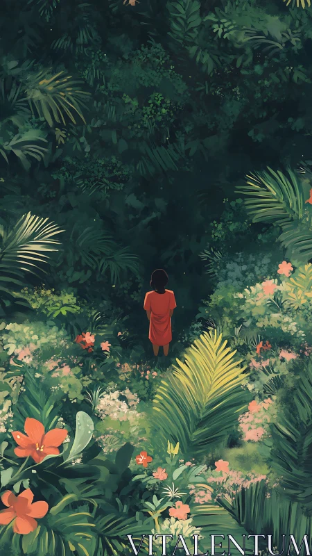 Solitary figure in lush jungle glade contemplates silence.