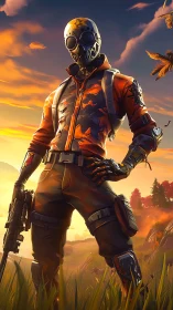 Masked dusk ranger stands guard in molten sunset blaze.