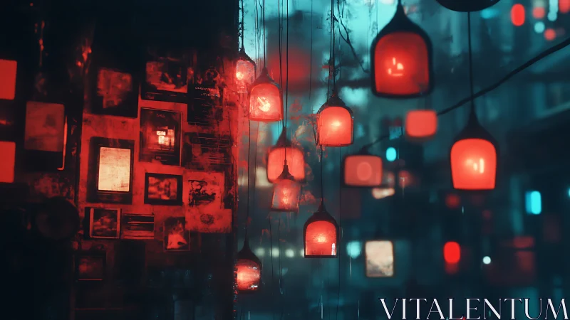 Red lanterns glow over blurred cyberpunk alley walls