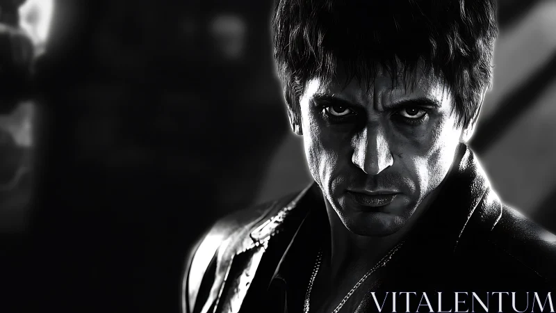 Intense monochrome portrait of stern man in leather jacket.