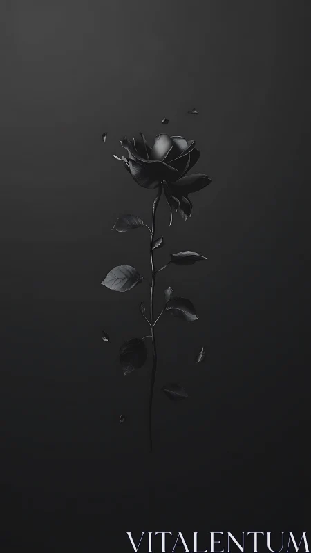 Solitary black rose drifts in a dark, quietly dramatic void