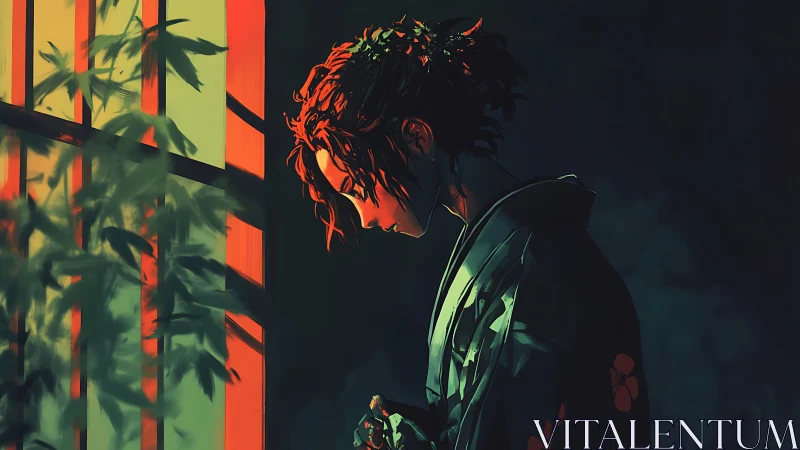 Solitary figure in kimono studies light beside shoji window