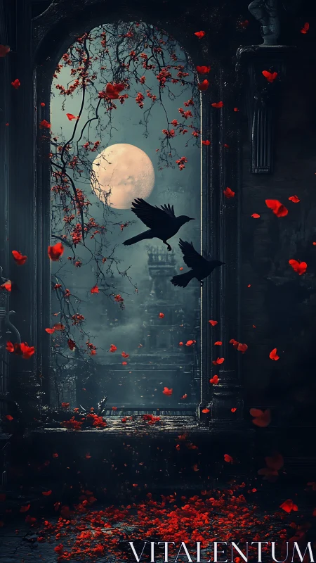 Moonlit gothic arch with ravens and drifting red petals.