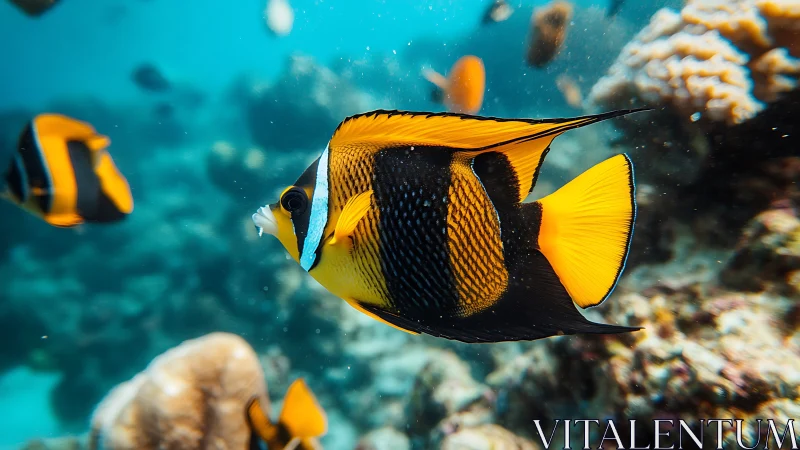 Colorful reef fish swims through coral-rich tropical water