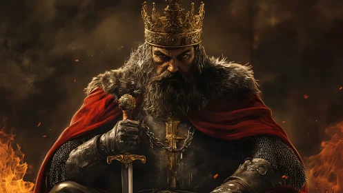 Medieval armored king seated with sword and crown in firelit scene.