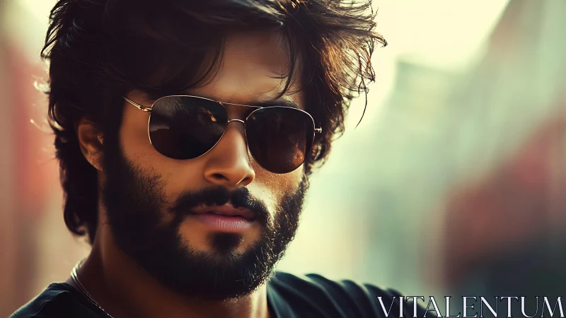 Cinematic close-up portrait of bearded man in aviator shades