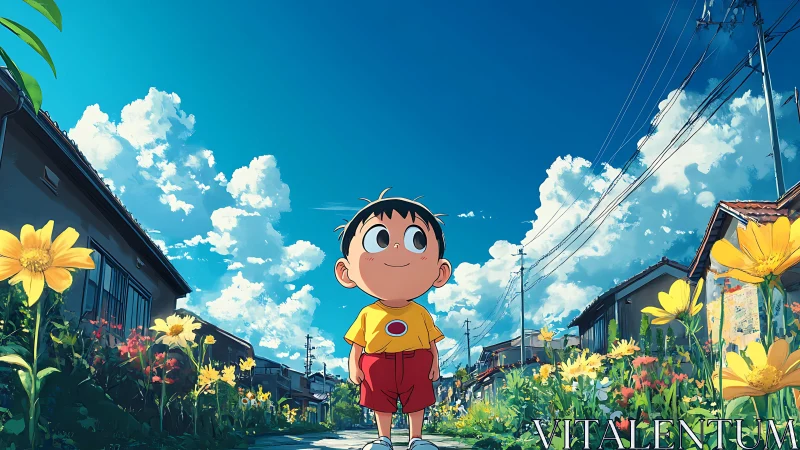 Cartoon boy walks through sunny flower lined suburb street.