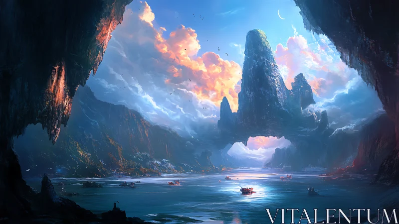 Subterranean Cavern Landscape with Dramatic Atmospheric Illumination and Monumental Rock Formations