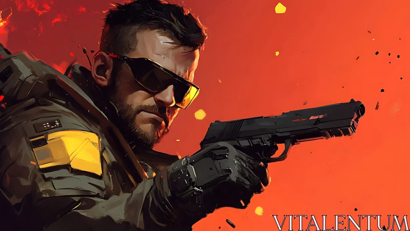 Tactical operator with sidearm in stylized high-contrast combat lighting