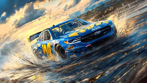 Blue stock car slices through wet track in dynamic drift