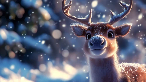 Snowy cartoon reindeer glows under soft winter bokeh light.